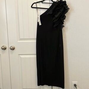 NWT Aidan Mattox Black One-Shoulder Dress with Ruffle Detail